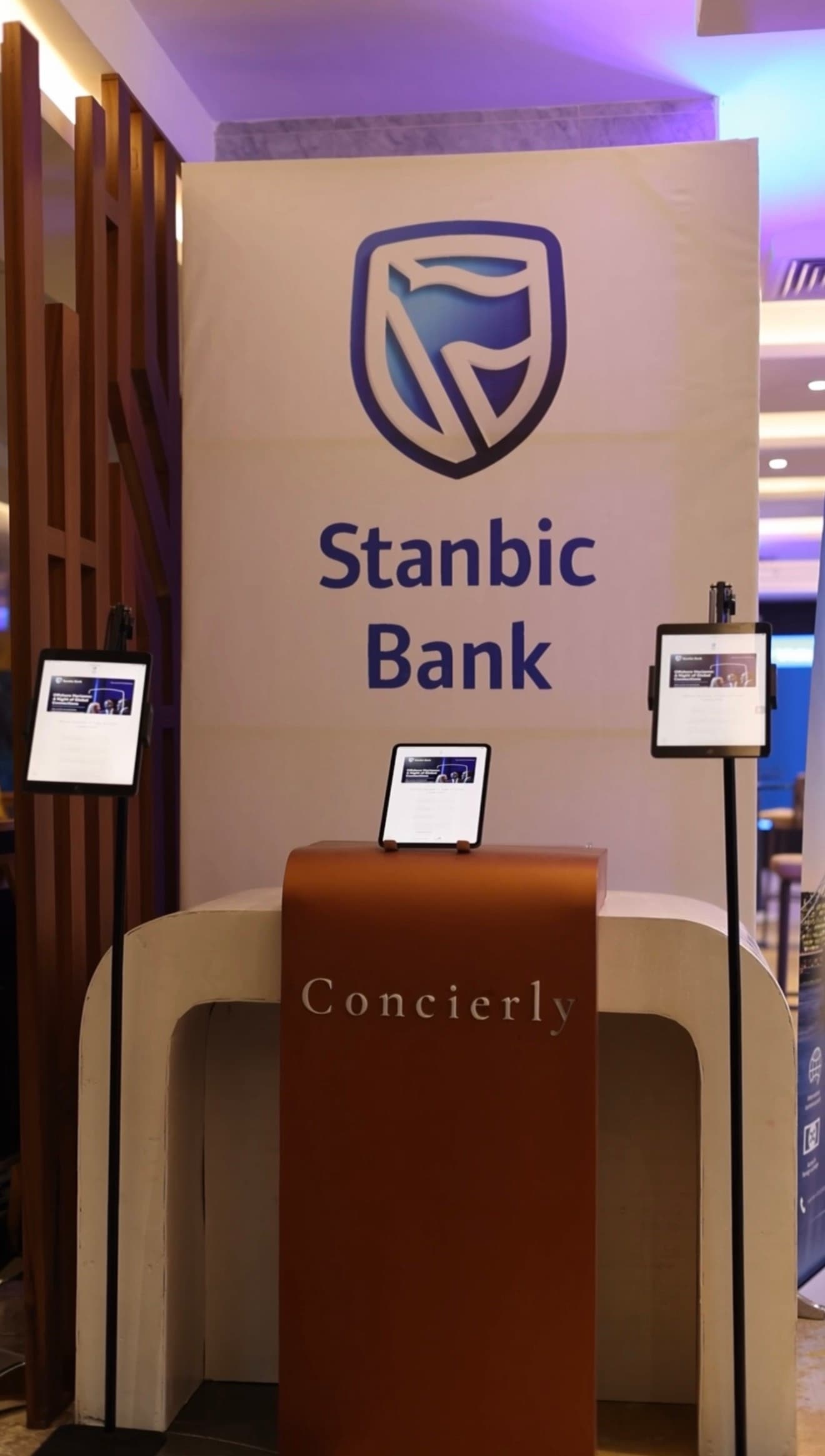 Concierly's branded kiosk stands at a Stanbic Bank registration point